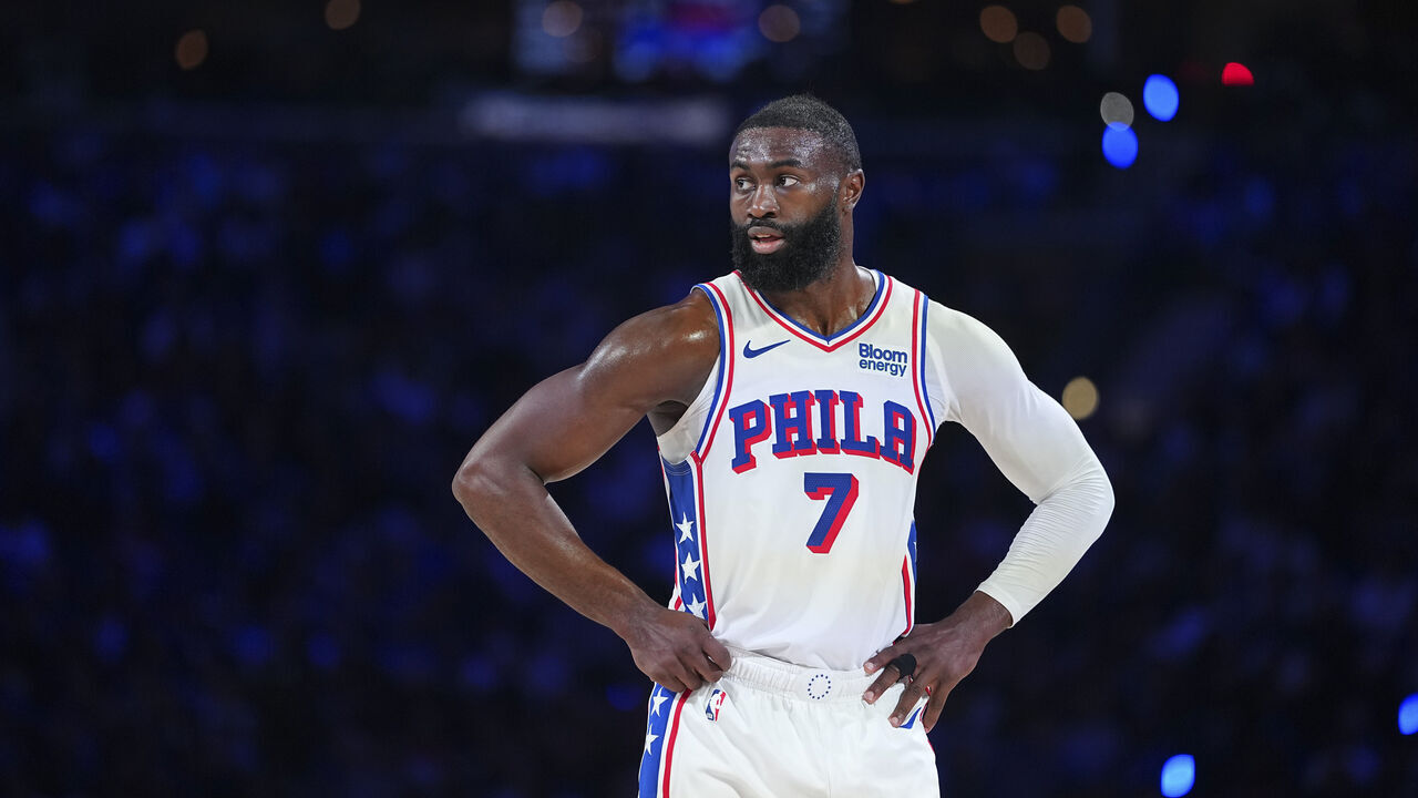 PHILADELPHIA, PENNSYLVANIA - OCTOBER 25: Jaylen Brown #7 of the Philadelphia 76ers looks on against the Detroit Pistons at Xfinity Mobile Arena on October 25, 2026 in Philadelphia, Pennsylvania.