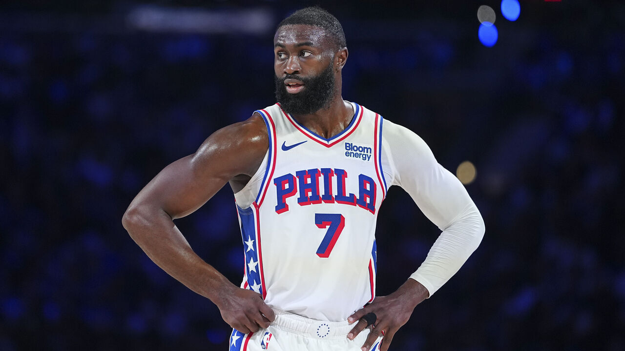 PHILADELPHIA, PENNSYLVANIA - OCTOBER 25: Jaylen Brown #7 of the Philadelphia 76ers looks on against the Detroit Pistons at Xfinity Mobile Arena on October 25, 2026 in Philadelphia, Pennsylvania.