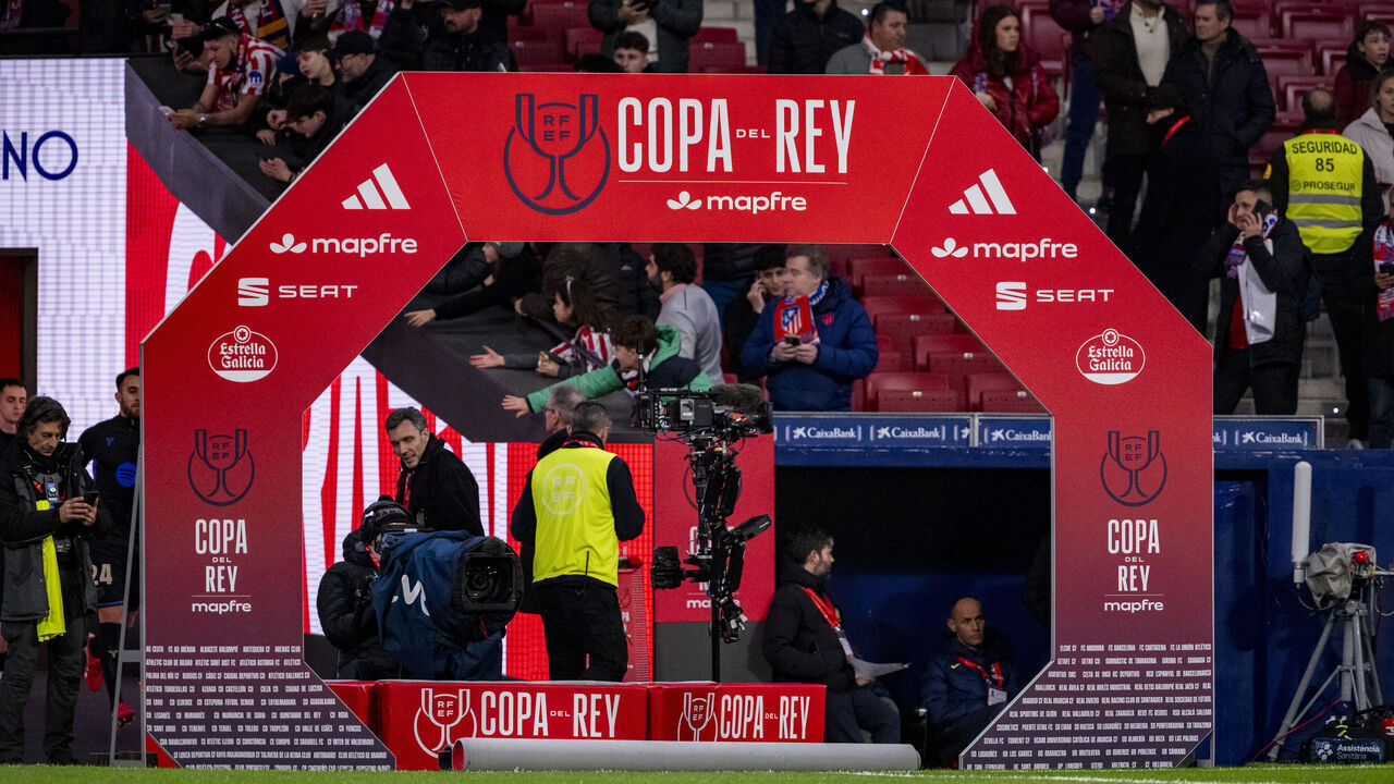 MADRID, SPAIN - FEBRUARY 12: The entrance onto the pitch with the Copa del Rey logo is seen prior to the Copa del Rey semi-final first leg match between Atletico de Madrid and FC Barcelona at Estadio Riyadh Air Metropolitano on February 12, 2026 in Madrid, Spain.