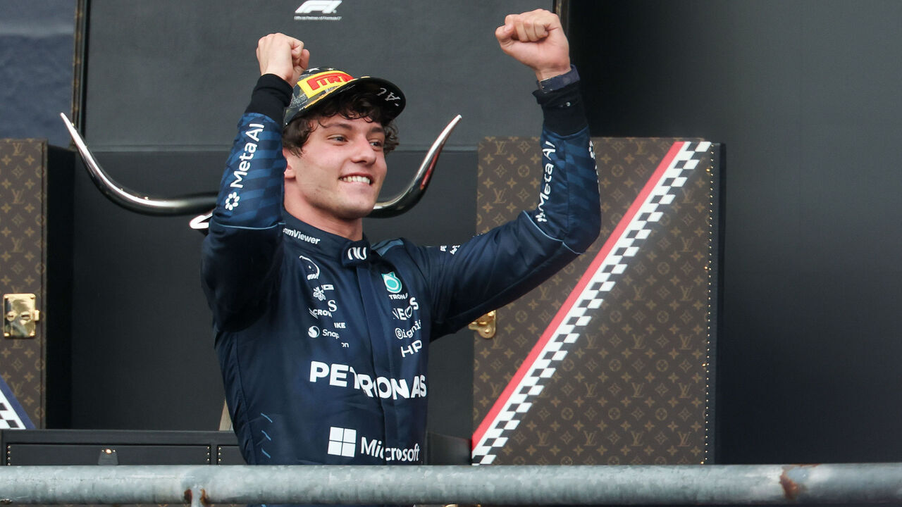 AUSTIN, TX - OCTOBER 25: Andrea Kimi Antonelli (12) of Italy and Mercedes-AMG PETRONAS Formula One Team pumps his fists in the air after winning the Formula 1 MSC Cruises United States Grand Prix on October 25, 2026, at Circuit of The Americas in Austin, Texas.