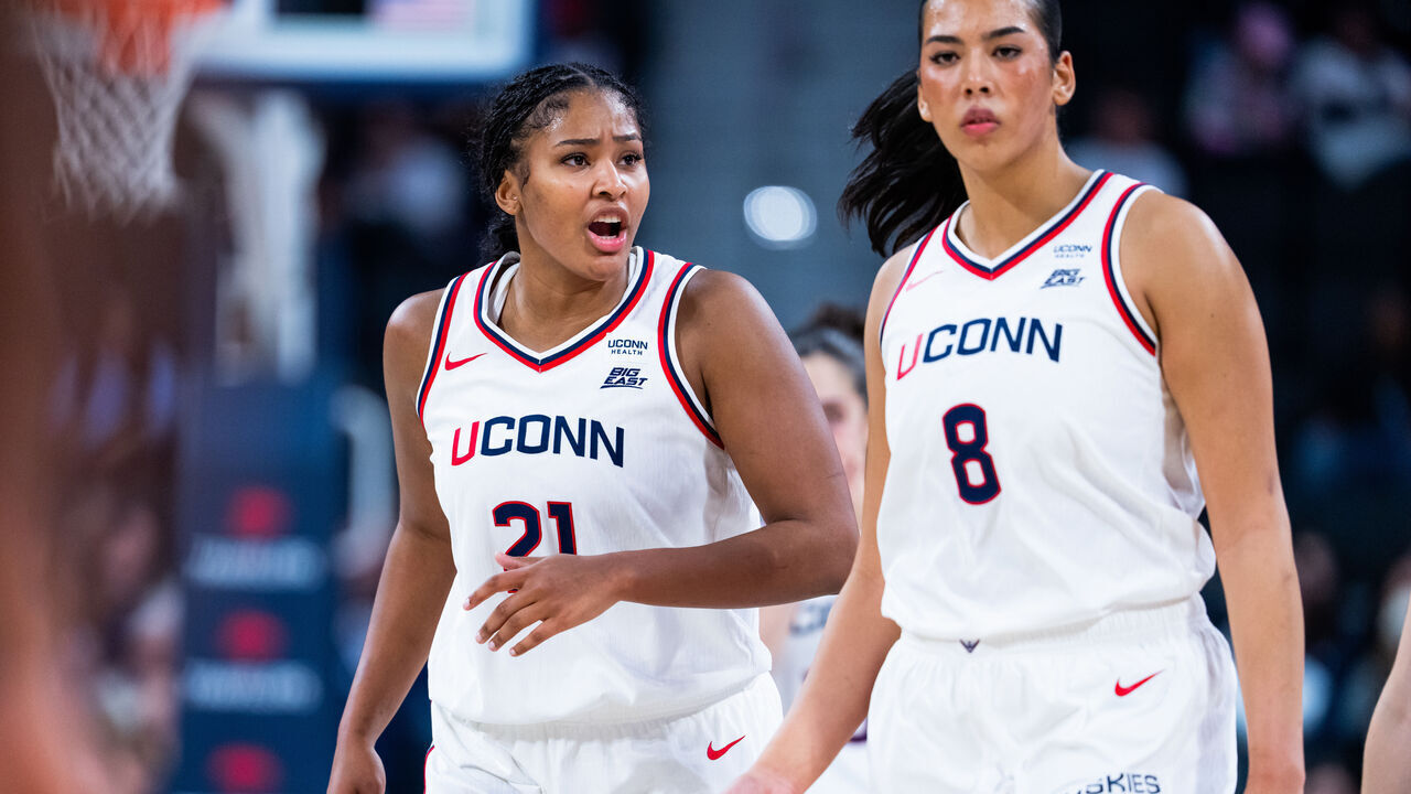 HARTFORD, CONNECTICUT - OCTOBER 19: Sarah Strong #21 and Jana El Alfy #8 of the Connecticut Huskies react during the second half of an NCAA women's exhibition basketball game against the Texas Longhorns at PeoplesBank Arena on October 19, 2026 in Hartford, Connecticut.