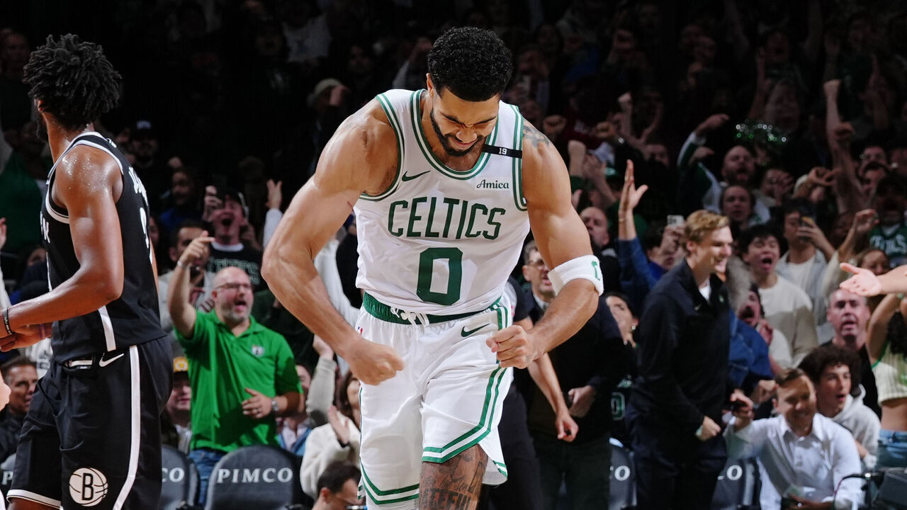 BOSTON, MA - OCTOBER 27: Jayson Tatum #0 of the Boston Celtics celebrates during the game against the Brooklyn Nets on October 27, 2026 at TD Garden in Boston, Massachusetts. NOTE TO USER: User expressly acknowledges and agrees that, by downloading and/or using this Photograph, user is consenting to the terms and conditions of the Getty Images License Agreement. Mandatory Copyright Notice: Copyright 2026 NBAE