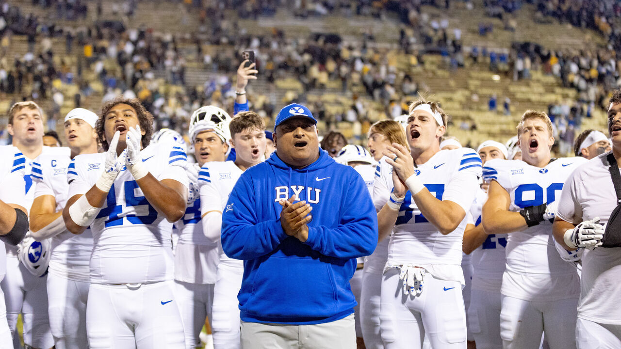 Boulder, CO - SEPTEMBER 27: Head Coach Kalani Sitake and members of Brigham Young Cougars celebrate winning after a game against Colorado Buffaloes at Folsom Field on September 27, 2025 in Boulder, Colorado.
