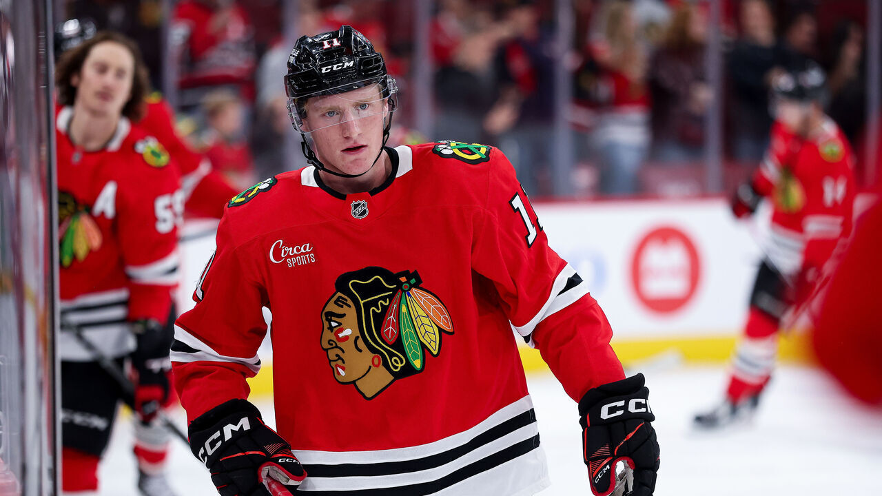 CHICAGO, ILLINOIS - OCTOBER 27: Oliver Moore #11 of the Chicago Blackhawks warms up before a game against the Los Angeles Kings at United Center on October 27, 2026 in Chicago, Illinois.
