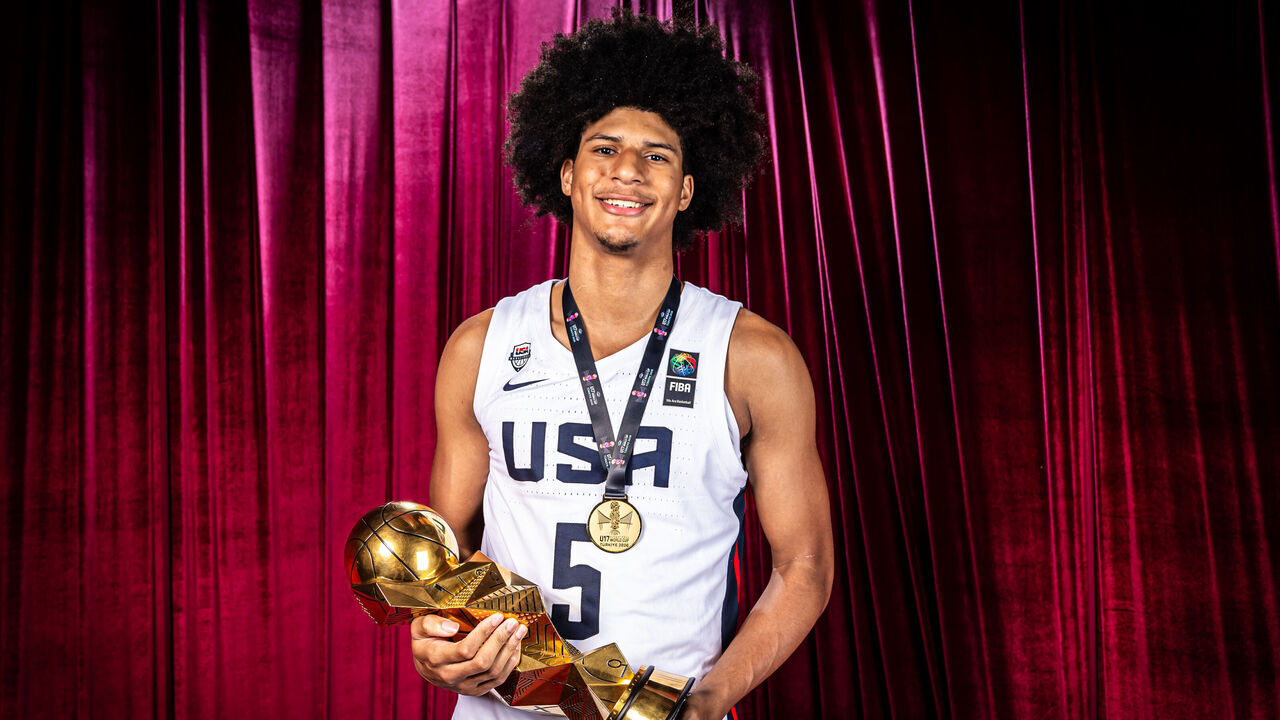 ISTANBUL, TURKEY - JULY 05: Asa Montgomery of USA poses for a portrait while holding the trophy and wearing his gold medal during the FIBA U17 Basketball World Cup Final game between United States and Serbia at BDC Main Venue on July 05, 2026 in Istanbul, Turkey.