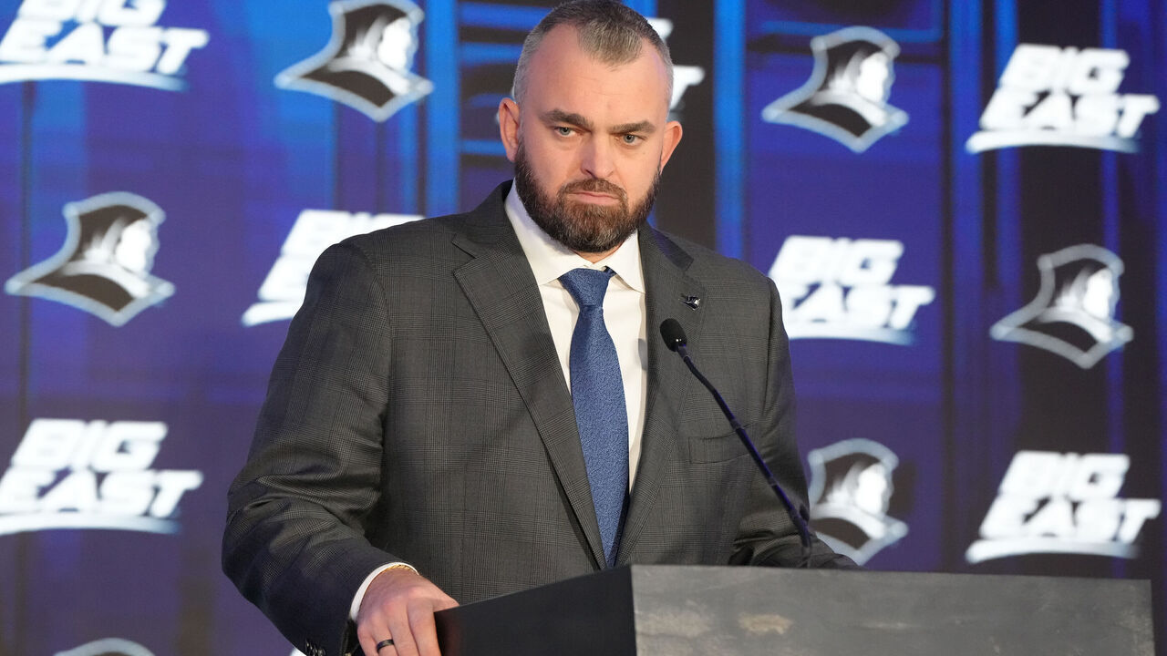 NEW YORK, NEW YORK - OCTOBER 01: Head coach Bryan Hodgson of the Providence Friars addresses the media during the 2026 Big East Basketball Media Day at the Marriott Marquis on October 1, 2026 in New York City.
