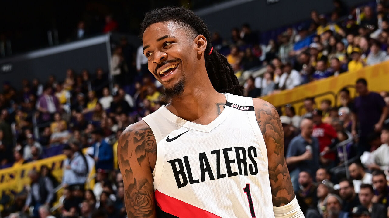 LOS ANGELES, CA - OCTOBER 27: Ja Morant #1 of the Portland Trail Blazers smiles during the game against the Los Angeles Lakers on October 27, 2026 at Crypto.Com Arena in Los Angeles, California. NOTE TO USER: User expressly acknowledges and agrees that, by downloading and/or using this Photograph, user is consenting to the terms and conditions of the Getty Images License Agreement. Mandatory Copyright Notice: Copyright 2026 NBAE