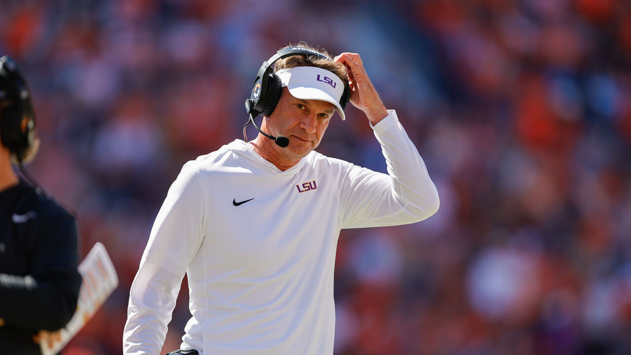 AUBURN, ALABAMA - OCTOBER 24: Head coach Lane Kiffin of the LSU Tigers looks on during the first half of an NCAA football game against the Auburn Tigers at Jordan Hare Stadium on October 24, 2026 in Auburn, Alabama.
