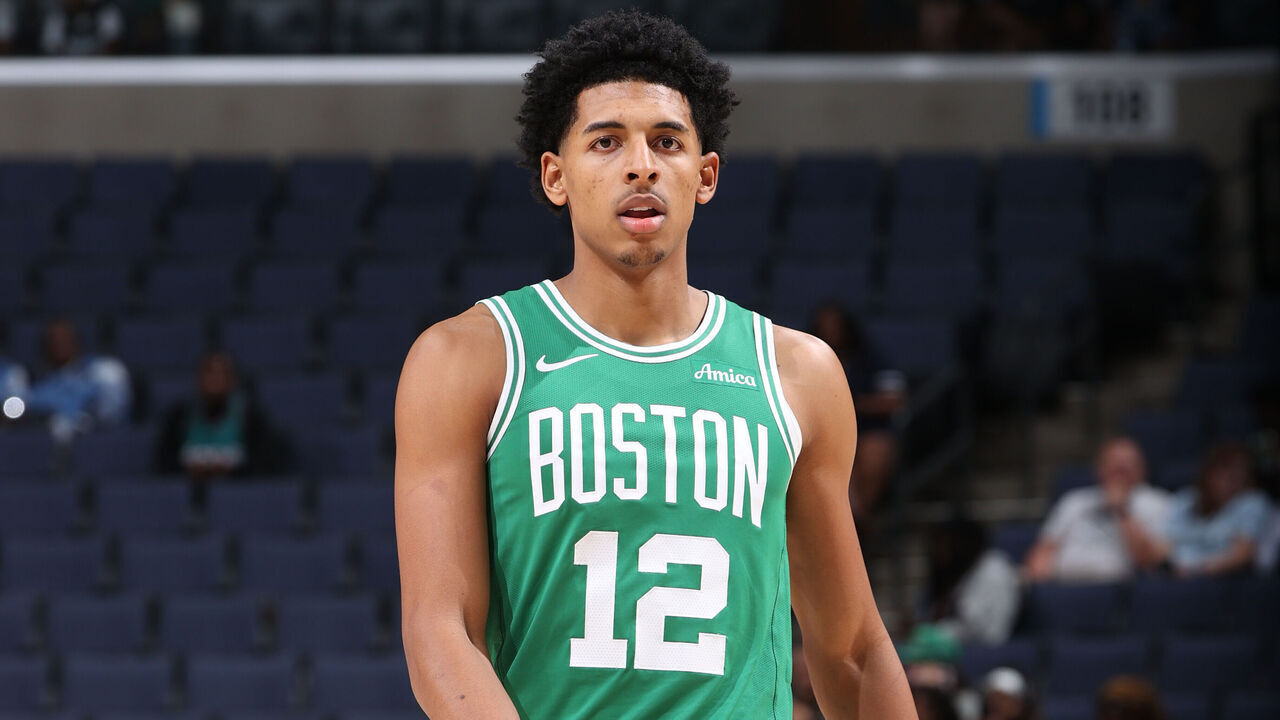 MEMPHIS, TN - OCTOBER 08: RJ Luis Jr. #12 of the Boston Celtics during the game against the Memphis Grizzlies during a preseason game on October 08, 2025 at FedExForum in Memphis, Tennessee. Mandatory Copyright Notice: Copyright 2025 NBAE