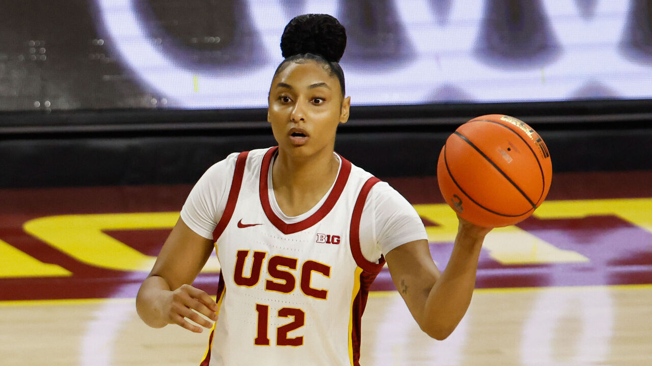 LOS ANGELES, CA - OCTOBER 25: USC Trojans guard Juju Watkins (12) passes the ball during the women's college basketball exhibition game between the California Golden Bears and the USC Trojans on October 25, 2026, at Galen Center in Los Angeles, CA.