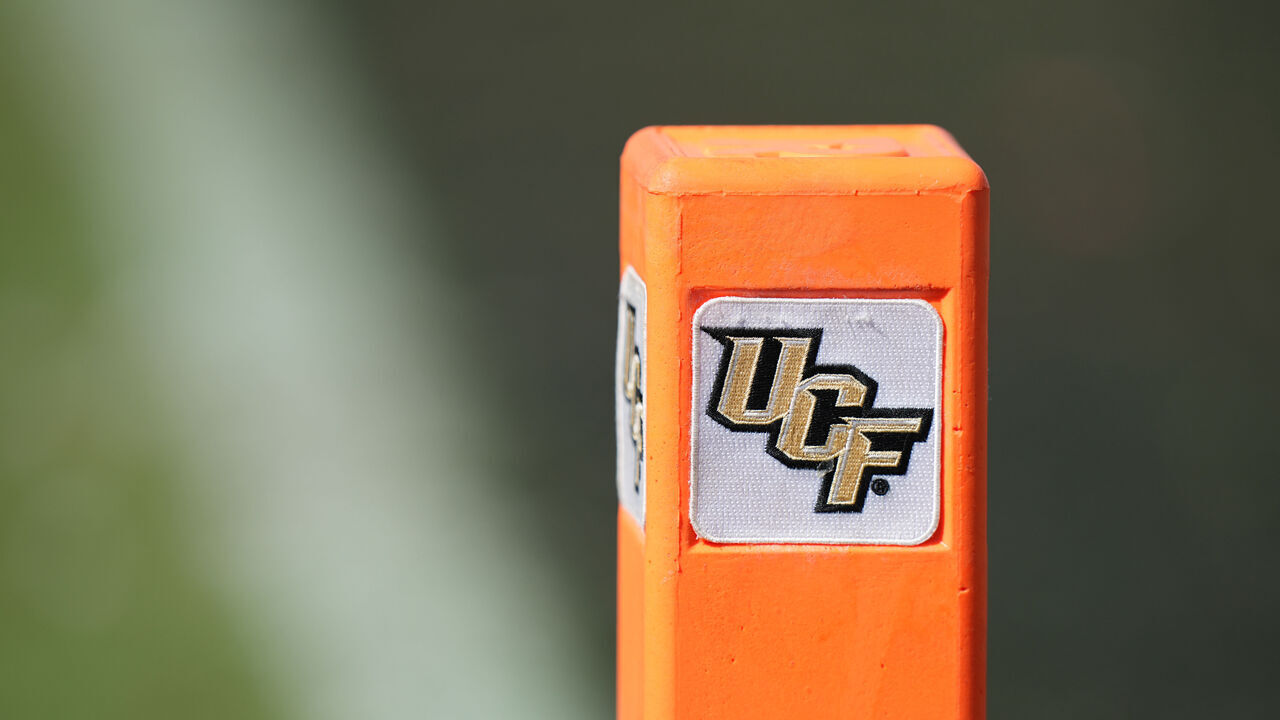 ORLAND, FL - SEPTEMBER 26: A goal line post with the UCF logo is shown during the game between the TCU Horned Frogs and the UCF Knights on Saturday, September 26, 2026 at Acrisure Bounce House in Orlando, FL