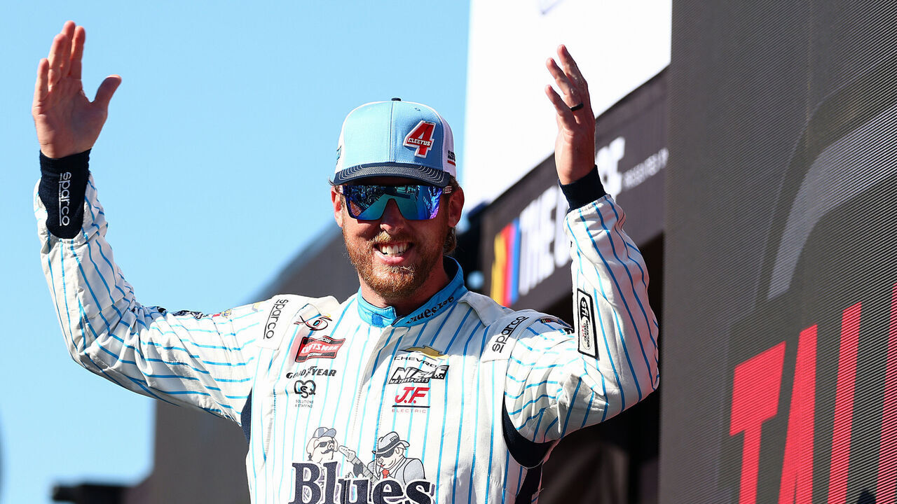 TALLADEGA, ALABAMA - OCTOBER 23: Cleetus Mcfarland, driver of the #4 Blues Hog Chevrolet, walks onstage during driver intros prior to the NASCAR Craftsman Truck Series Love's RV Stop 225 at Talladega Superspeedway on October 23, 2026 in Talladega, Alabama.