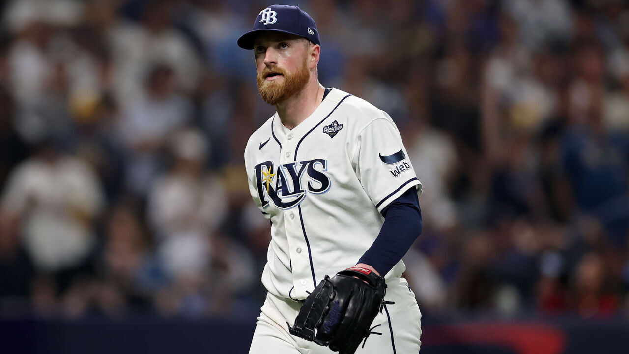 ST PETERSBURG, FLORIDA - OCTOBER 28: Drew Rasmussen #57 of the Tampa Bay Rays looks on during the second inning against the Milwaukee Brewers in game five of the 2026 World Series at Tropicana Field on October 28, 2026 in St Petersburg, Florida.