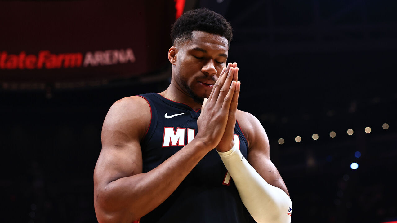 ATLANTA, GA - OCTOBER 28: Giannis Antetokounmpo #7 of the Miami Heat looks on before the game against the Atlanta Hawks on October 28, 2026 at State Farm Arena in Atlanta, Georgia. NOTE TO USER: User expressly acknowledges and agrees that, by downloading and/or using this Photograph, user is consenting to the terms and conditions of the Getty Images License Agreement. Mandatory Copyright Notice: Copyright 2026 NBAE