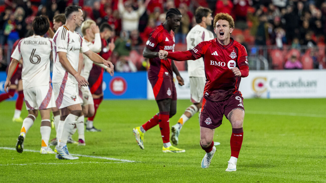 TORONTO, ON - OCTOBER 28: Josh Sargent #9 of the Toronto FC celebrates a goal by teammate Jonathan Osorio #21 (not pictured) during second half MLS action against D.C. United at BMO Field on October 28, 2026 in Toronto, Canada.