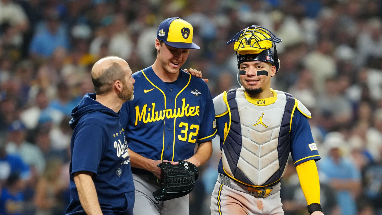 ST. PETERSBURG, FL - OCTOBER 28: Jacob Misiorowski #32 of the Milwaukee Brewers takes a timeout at the mound in the sixth inning during Game Five of the 2026 World Series presented by Capital One between the Milwaukee Brewers and the Tampa Bay Rays at Tropicana Field on Wednesday, October 28, 2026 in St. Petersburg, Florida.