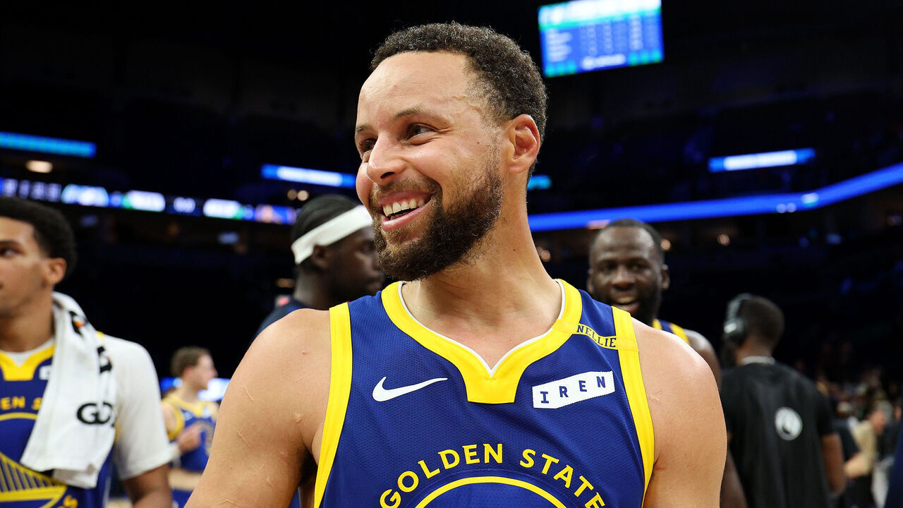 MINNEAPOLIS, MINNESOTA - OCTOBER 28: Stephen Curry #30 of the Golden State Warriors smiles as he walks off the floor after the game against the Minnesota Timberwolves at Target Center on October 28, 2026 in Minneapolis, Minnesota. The Warriors defeated the Timberwolves 119-114.