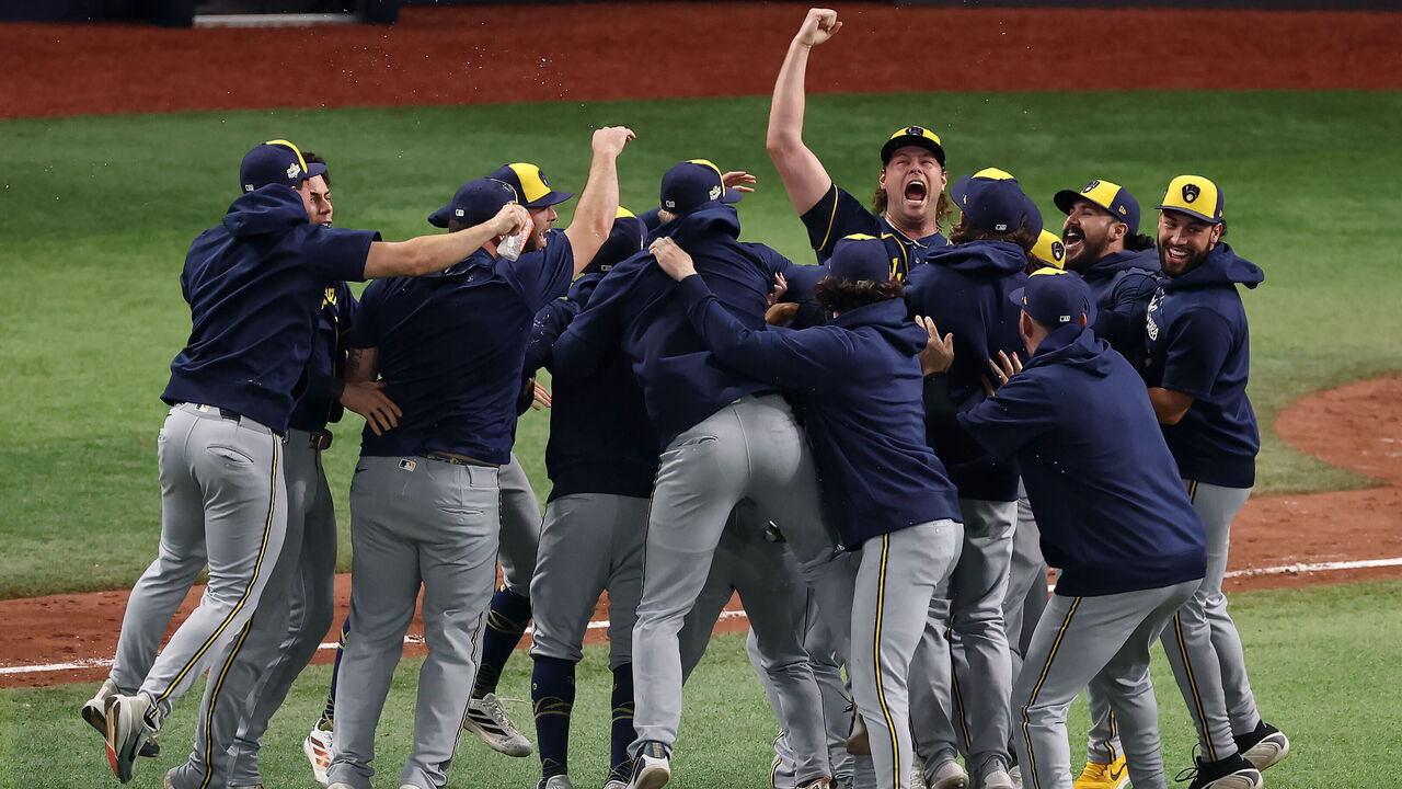 ST PETERSBURG, FLORIDA - OCTOBER 28: The Milwaukee Brewers celebrate with Trevor Megill #29 after defeating the Tampa Bay Rays in the 2026 World Series at Tropicana Field on October 28, 2026 in St Petersburg, Florida.