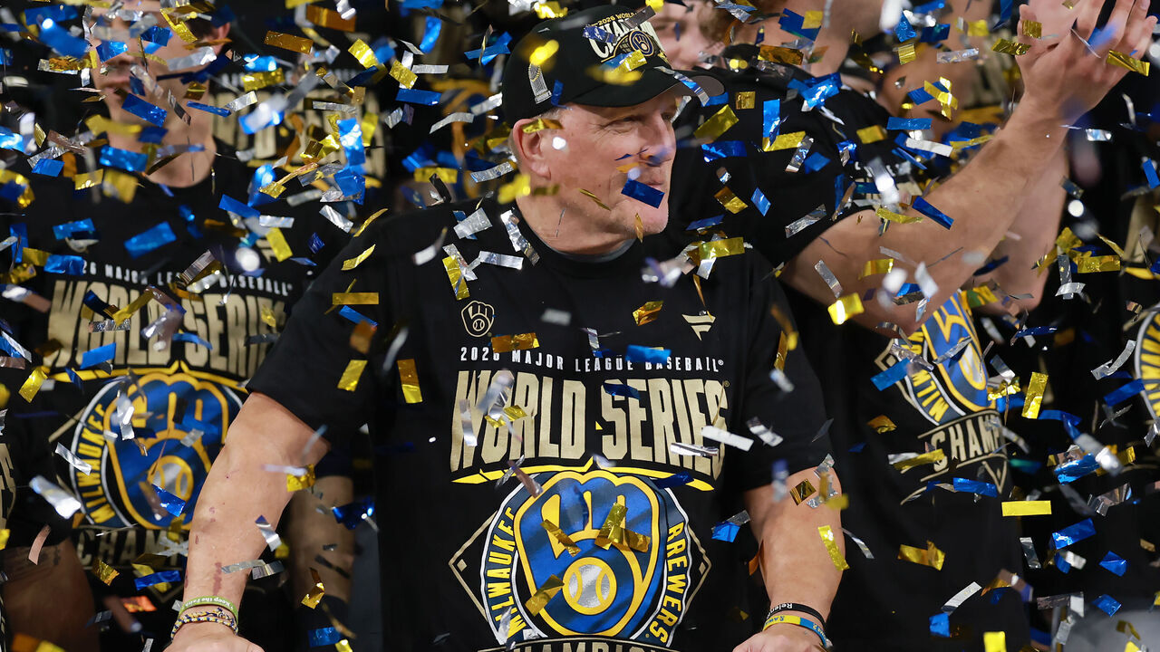 ST PETERSBURG, FLORIDA - OCTOBER 28: Manager Pat Murphy #49 of the Milwaukee Brewers celebrates during the Trophy Presentation after defeating the Tampa Bay Rays in the 2026 World Series at Tropicana Field on October 28, 2026 in St Petersburg, Florida.