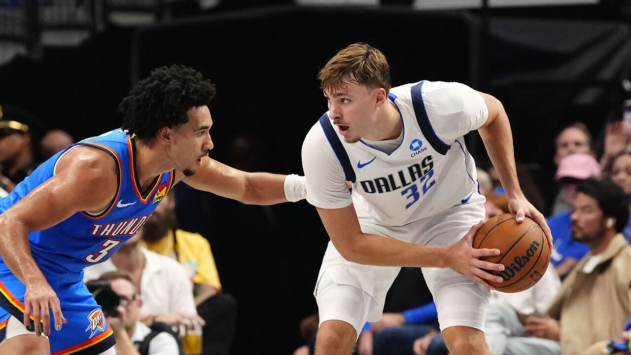 DALLAS, TX - OCTOBER 28: Cooper Flagg #32 of the Dallas Mavericks handles the ball during the game against the Oklahoma City Thunder on October 28, 2026 at American Airlines Center in Dallas, Texas. Mandatory Copyright Notice: Copyright 2026 NBAE