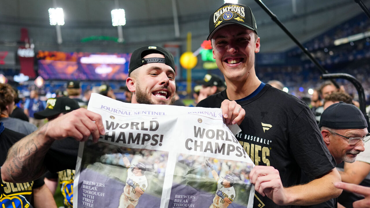 ST. PETERSBURG, FL - OCTOBER 28: Jacob Misiorowski #32 of the Milwaukee Brewers and DL Hall #37 celebrate after the Brewers defeated the Tampa Bay Rays in Game Five of the 2026 World Series presented by Capital One at Tropicana Field on Wednesday, October 28, 2026 in St. Petersburg, Florida.