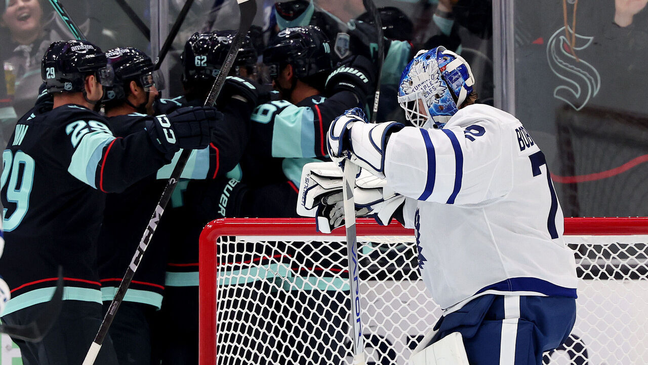 SEATTLE, WASHINGTON - OCTOBER 28: Sergei Bobrovsky #72 of the Toronto Maple Leafs reacts after giving up a goal to Brandon Montour #62 of the Seattle Kraken during the third period at Climate Pledge Arena on October 28, 2026 in Seattle, Washington.