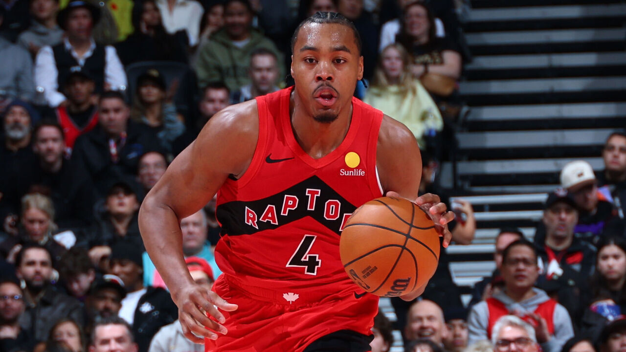 TORONTO, CANADA - OCTOBER 28: Scottie Barnes #4 of the Toronto Raptors dribbles the ball during the game against the Orlando Magic on October 28, 2026 at the Scotiabank Arena in Toronto, Ontario, Canada. Mandatory Copyright Notice: Copyright 2026 NBAE