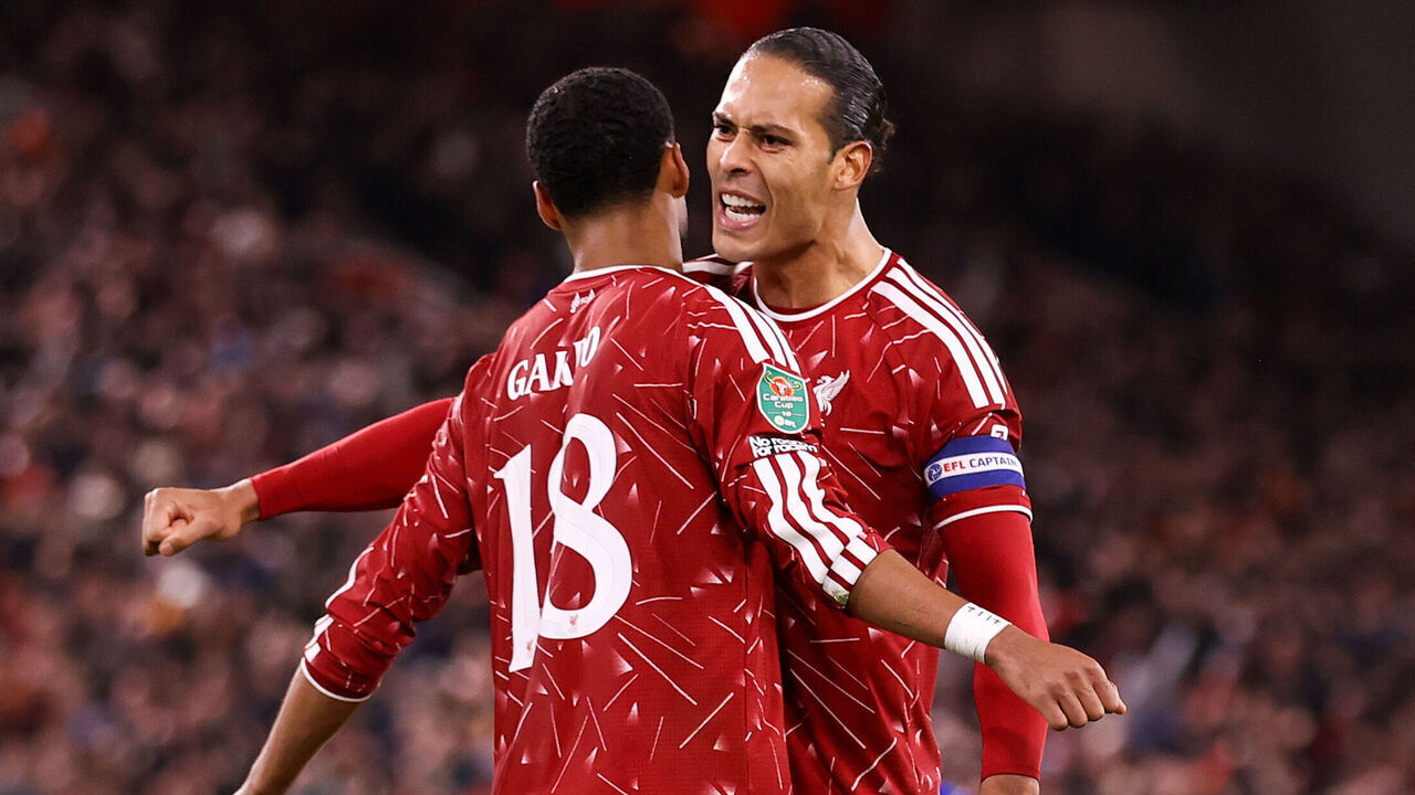 LIVERPOOL, ENGLAND - OCTOBER 28: Cody Gakpo of Liverpool celebrates their first goal with Virgil van Dijk of Liverpool during the Carabao Cup Fourth Round match between Liverpool and Chelsea at Anfield on October 28, 2026 in Liverpool, England.