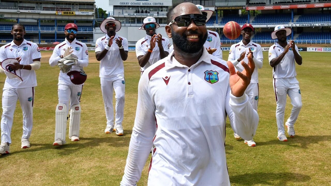 Jomel Warrican of West Indies celebrates his six-wicket haul during the third day of the second Test match between West Indies and Pakistan at Queen's Park Oval in Port of Spain, Trinidad and Tobago, on August 4, 2026.