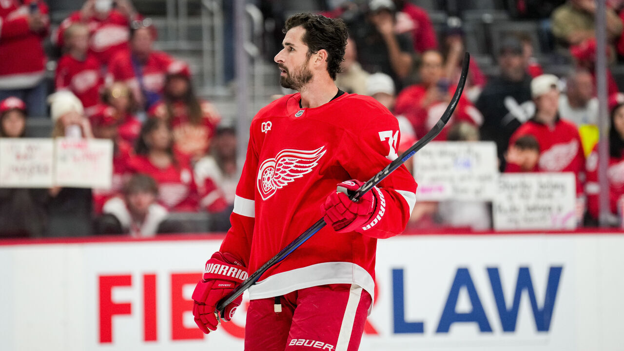 DETROIT, MICHIGAN - OCTOBER 17: Dylan Larkin #71 of the Detroit Red Wings looks on against the San Jose Sharks during warmups at Little Caesars Arena on October 17, 2026 in Detroit, Michigan.