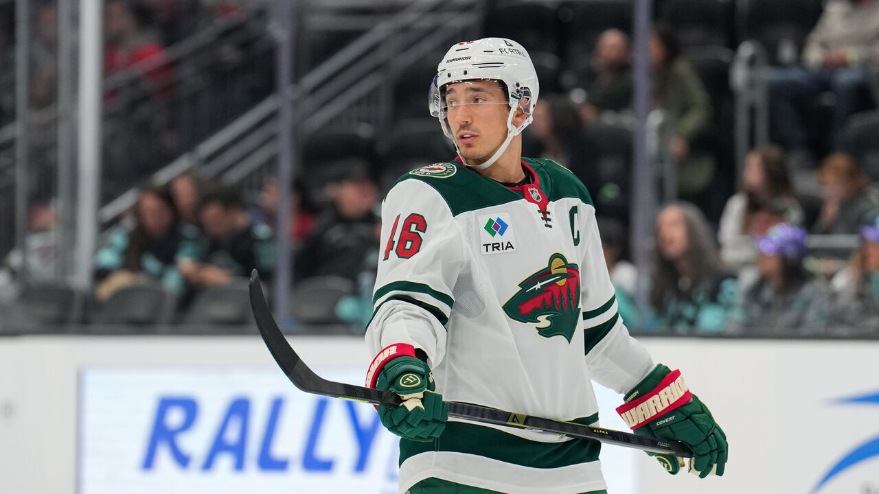 SEATTLE, WASHINGTON - OCTOBER 24: Jared Spurgeon #46 of the Minnesota Wild looks on against the Seattle Kraken during the first period at Climate Pledge Arena on October 24, 2026 in Seattle, Washington.