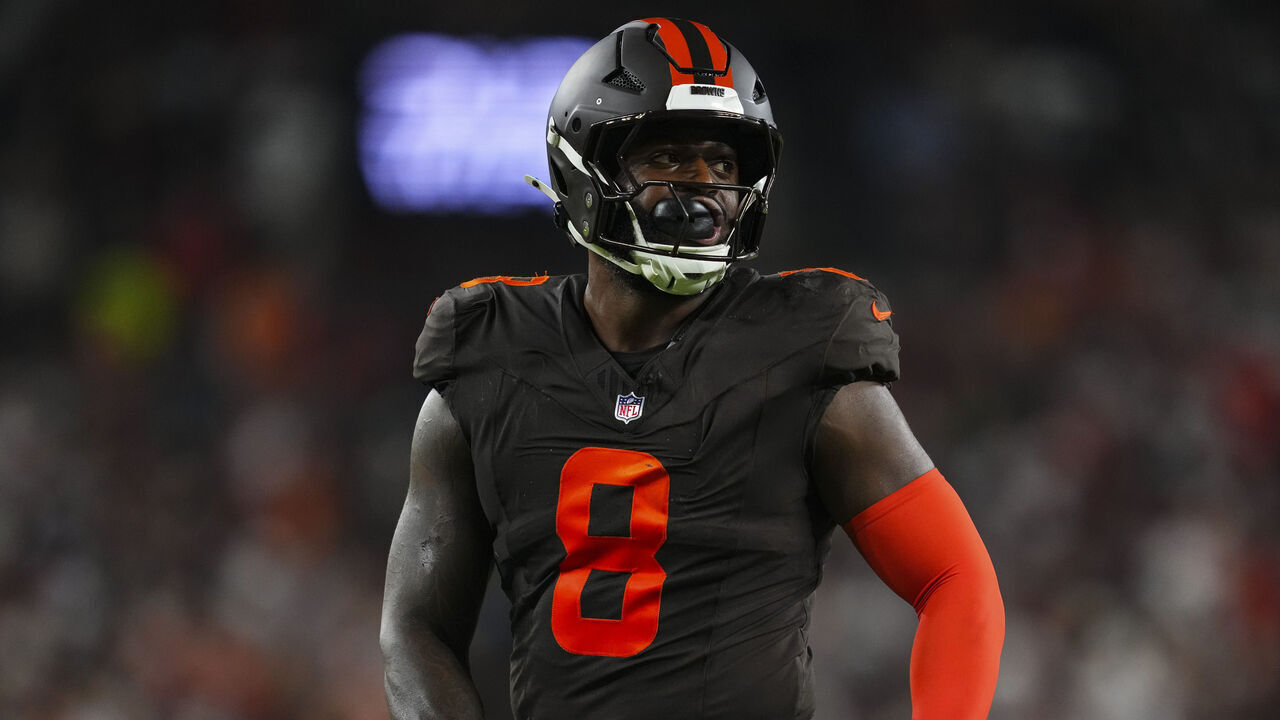 CLEVELAND, OH - OCTOBER 01: Jared Verse #8 of the Cleveland Browns lines up before the snap during an NFL football game against the Pittsburgh Steelers at Huntington Bank Field on October 1, 2026 in Cleveland, Ohio.