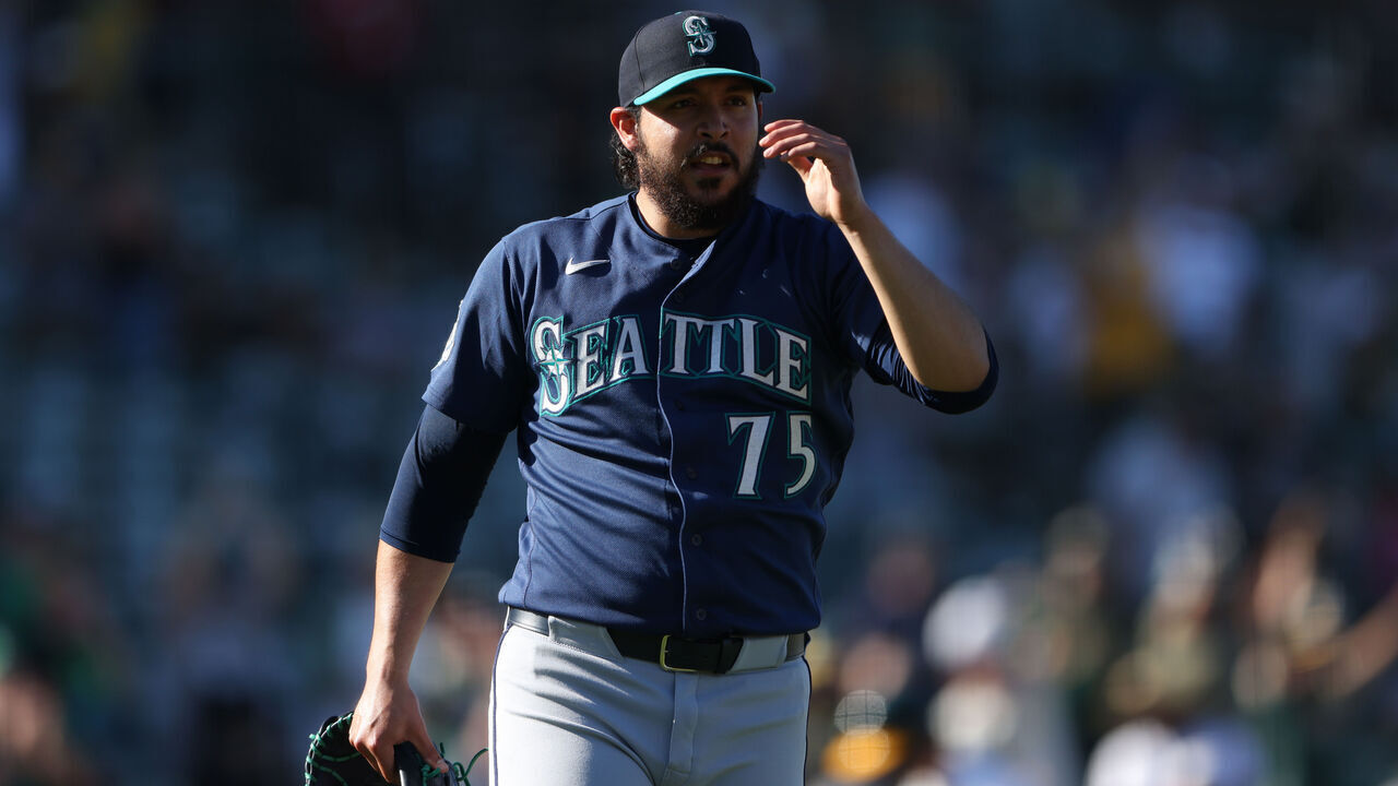 SACRAMENTO, CALIFORNIA - SEPTEMBER 13: Andrés Muñoz #75 of the Seattle Mariners looks on after giving up a walk off two-run home run to Lawrence Butler #4 of the Athletics during the bottom of the ninth inning at Sutter Health Park on September 13, 2026 in Sacramento, California.