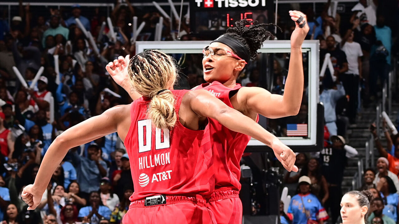 ATLANTA, GA - OCTOBER 29: Naz Hillmon #00 and Allisha Gray #15 of the Atlanta Dream celebrates during the game against the Golden State Valkyries during Game Six of the 2026 WNBA Finals on October 29, 2026 at State Farm Arena in Atlanta, Georgia. Mandatory Copyright Notice: Copyright 2026 NBAE