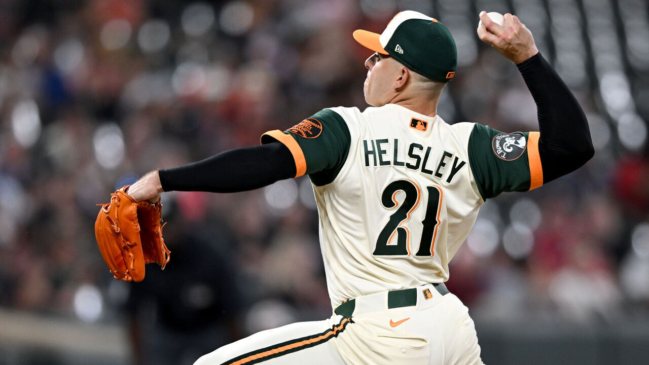 BALTIMORE, MARYLAND - JUNE 26: Ryan Helsley #21 of the Baltimore Orioles pitches in the ninth inning against the Washington Nationals at Oriole Park at Camden Yards on June 26, 2026 in Baltimore, Maryland.