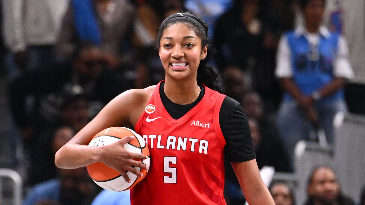 ATLANTA, GA - OCTOBER 29: Angel Reese #5 of the Atlanta Dream smiles against the Golden State Valkyries during Game 6 of the 2026 WNBA Finals on October 29, 2026 at State Farm Arena in Atlanta, Georgia. Mandatory Copyright Notice: Copyright 2026 NBAE