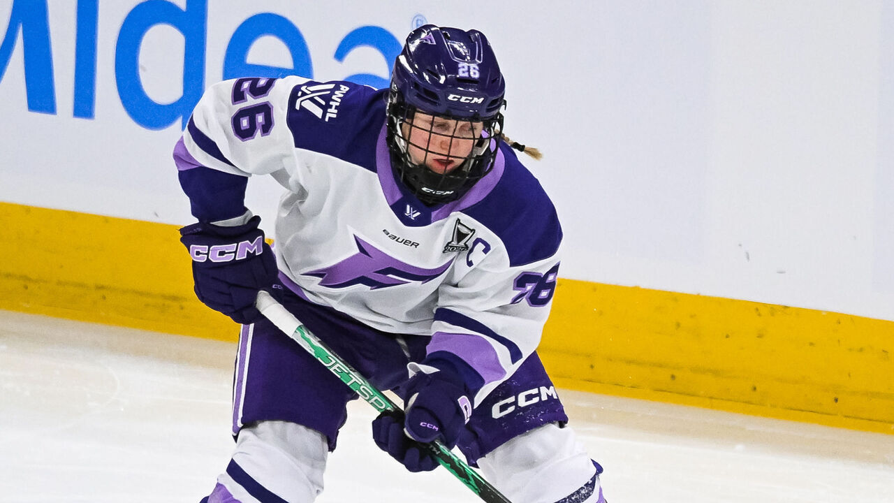 LAVAL, QC - MAY 02: Minnesota Frost forward Kendall Coyne Schofield (26) plays the puck during game one of the Walter Cup Playoffs between the Minnesota Frost and the Montreal Victoire on May 02, 2026, at Place Bell in Laval, QC