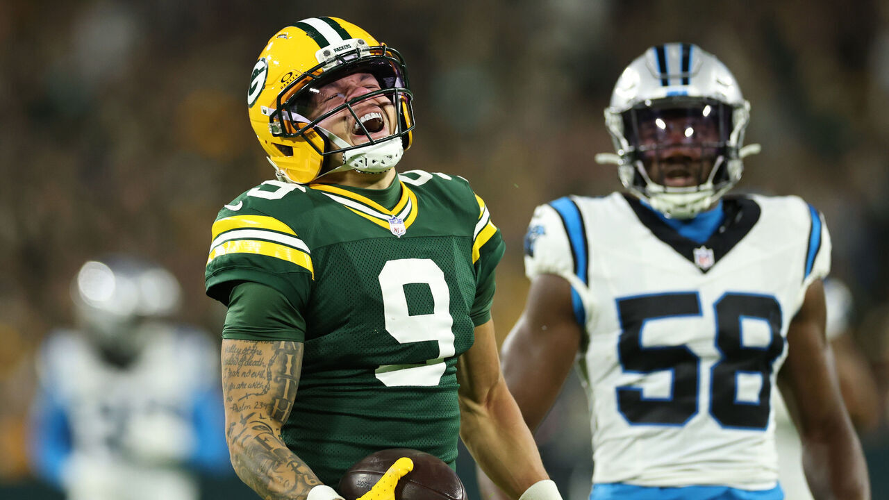GREEN BAY, WISCONSIN - OCTOBER 29: Christian Watson #9 of the Green Bay Packers reacts against the Carolina Panthers during the first quarter at Lambeau Field on October 29, 2026 in Green Bay, Wisconsin.