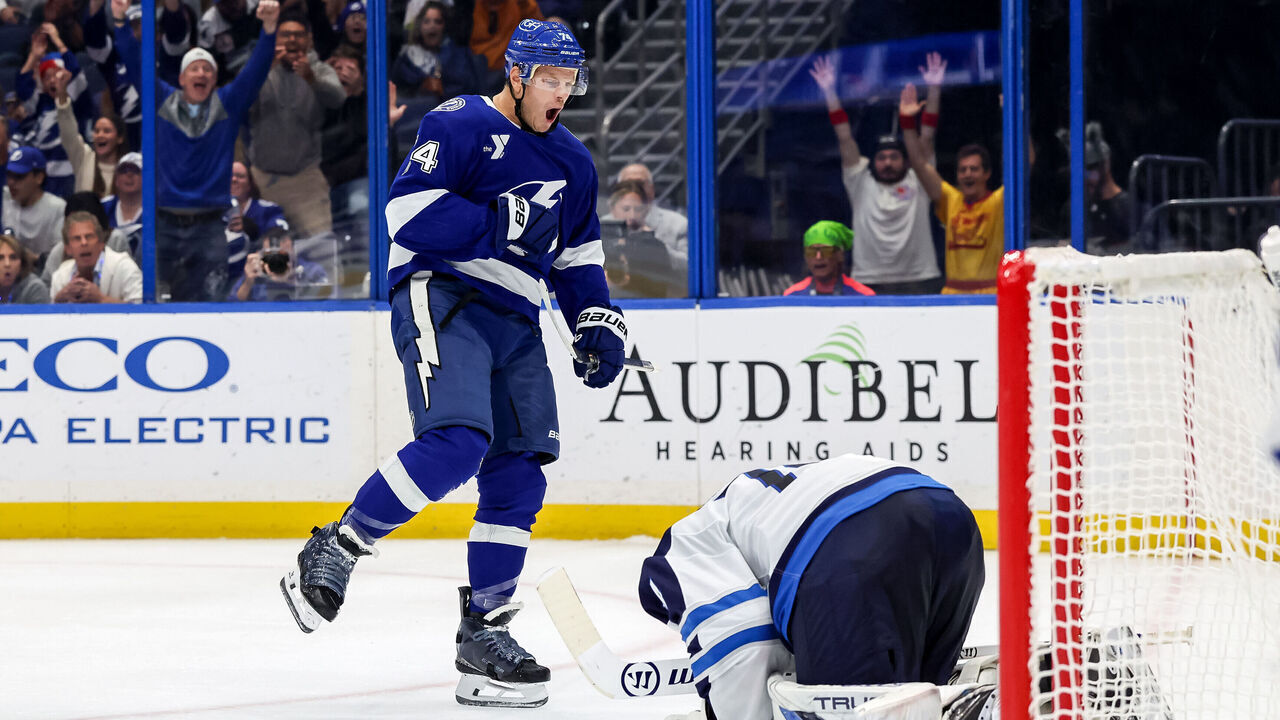 TAMPA, FL - OCTOBER 29: John Carlson #74 of the Tampa Bay Lightning celebrates his goal against Stuart Skinner #74 of the Winnipeg Jets during the second period at the Benchmark International Arena on October 29, 2026 in Tampa, Florida.