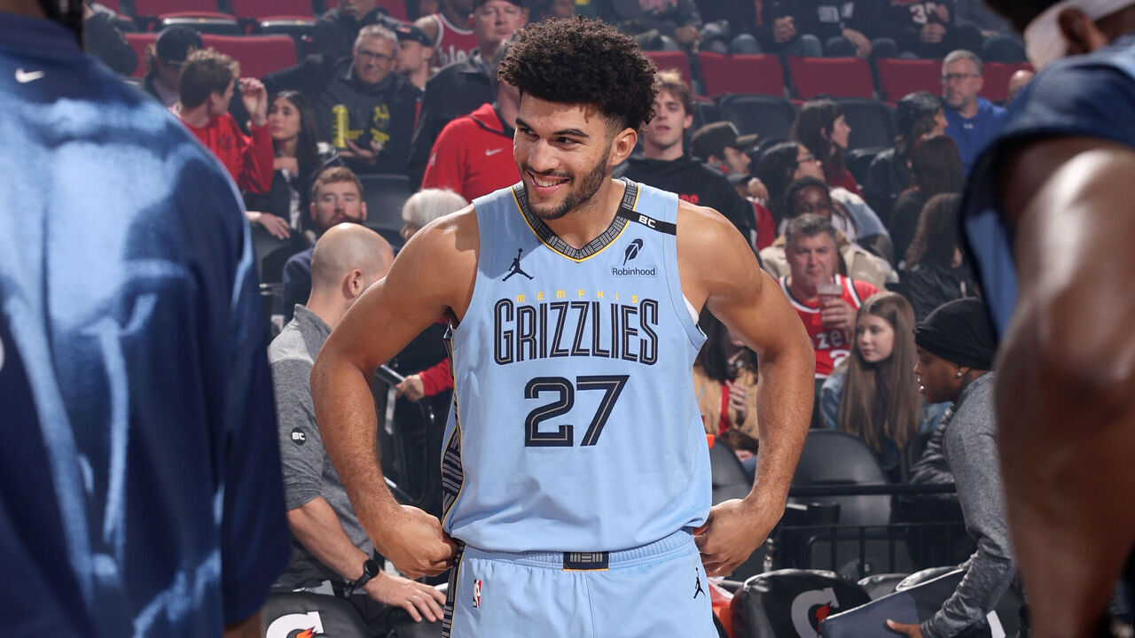 PORTLAND, OR - OCTOBER 29: Cameron Boozer #27 of the Memphis Grizzlies smiles before the game against the Portland Trail Blazers on October 29, 2026 at the Moda Center in Portland, Oregon. Mandatory Copyright Notice: Copyright 2026 NBAE