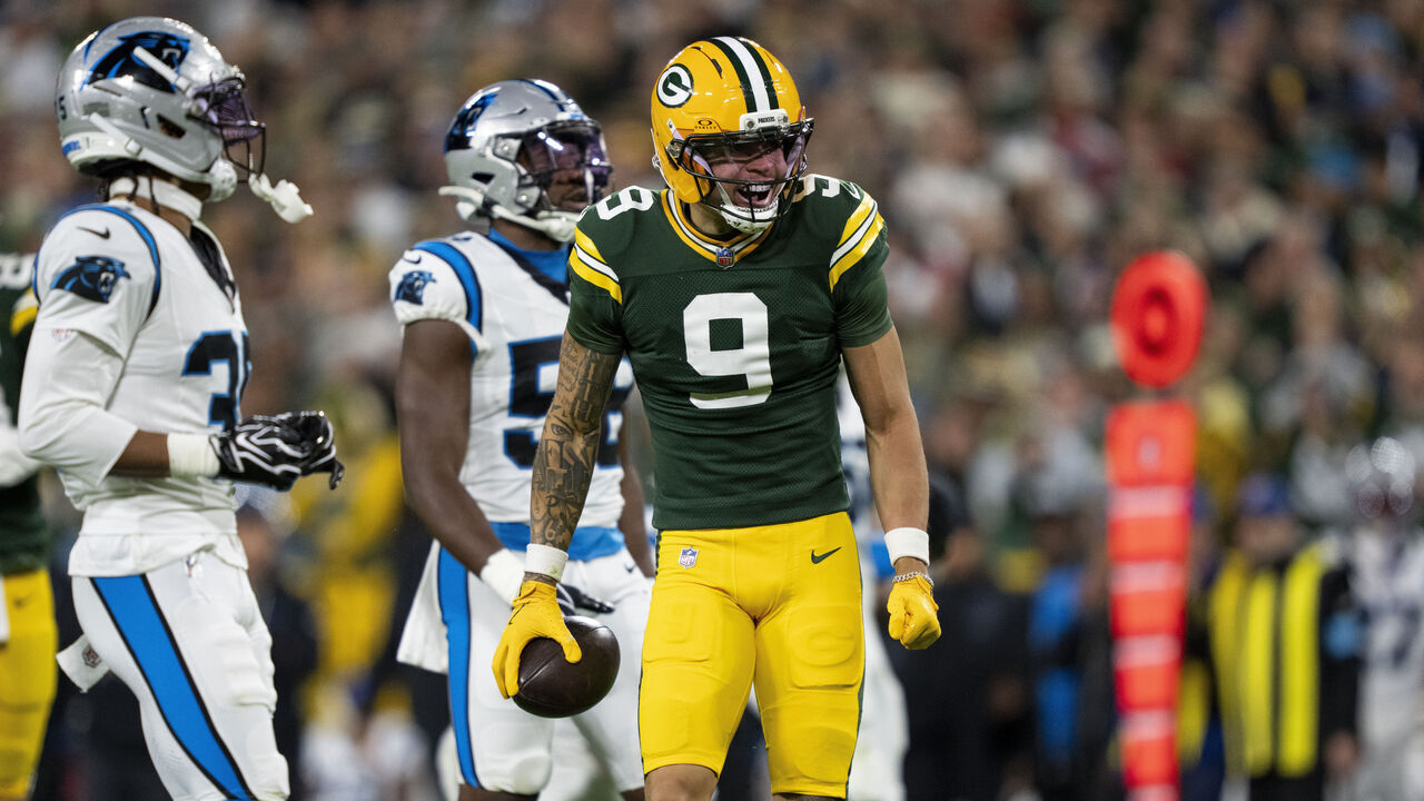 GREEN BAY, WISCONSIN - OCTOBER 29: Christian Watson #9 of the Green Bay Packers reacts against the Carolina Panthers during an NFL football game at Lambeau Field on October 29, 2026 in Green Bay, Wisconsin.