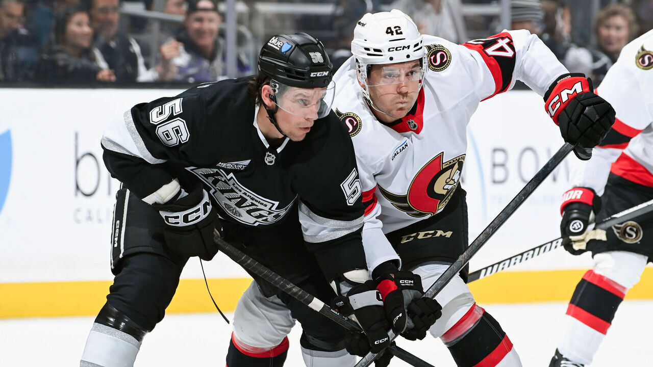 LOS ANGELES, CA - OCTOBER 29: Erik Haula #56 of the Los Angeles Kings and Hayden Hodgson #42 of the Ottawa Senators battle for position during the second period at Crypto.com Arena on October 29, 2026 in Los Angeles, California.