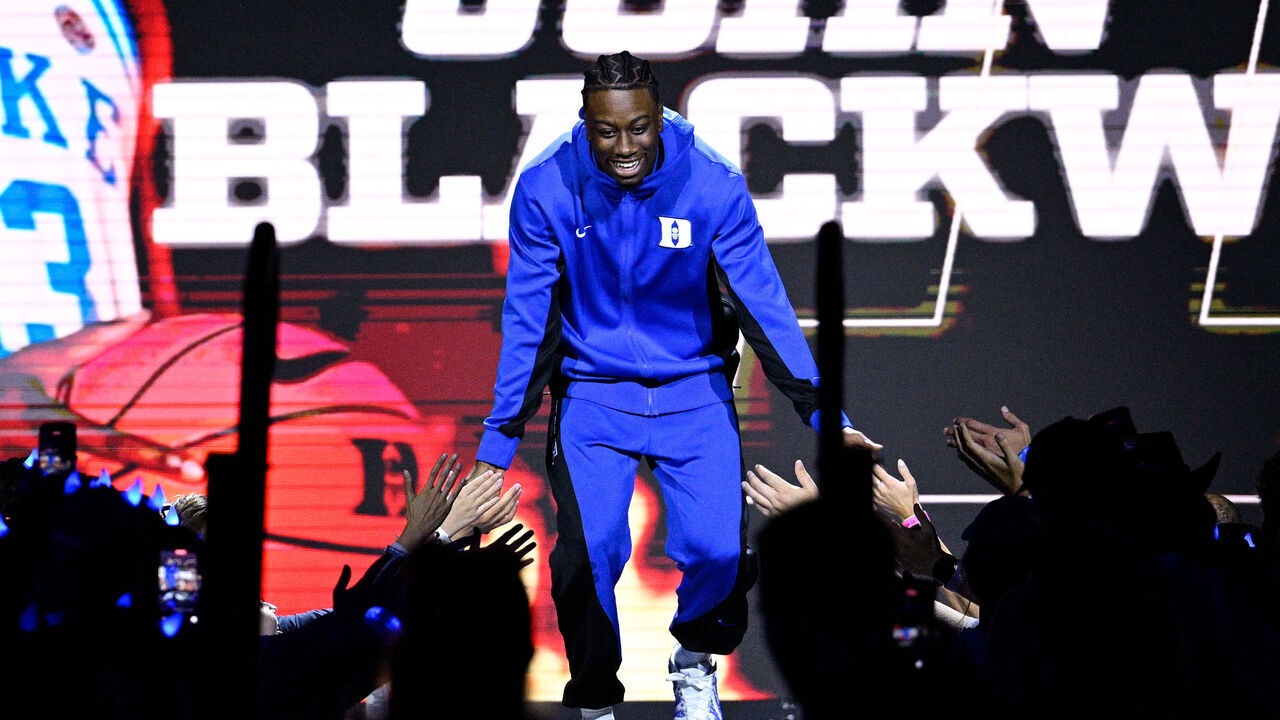 DURHAM, NORTH CAROLINA - OCTOBER 3: John Blackwell #13 of the Duke Blue Devils is introduced during Countdown to Craziness at Cameron Indoor Stadium on October 3, 2026 in Durham, North Carolina.