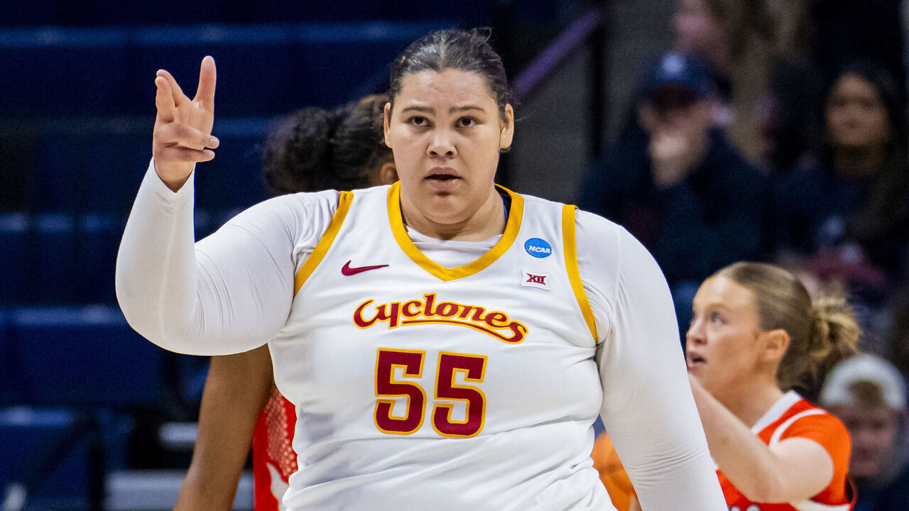 STORRS, CONNECTICUT - MARCH 21: Audi Crooks #55 of the Iowa State Cyclones reacts during the first half in the first round of the 2026 NCAA Women's Basketball Tournament against the Syracuse Orange at Harry A. Gampel Pavilion on March 21, 2026 in Storrs, Connecticut.