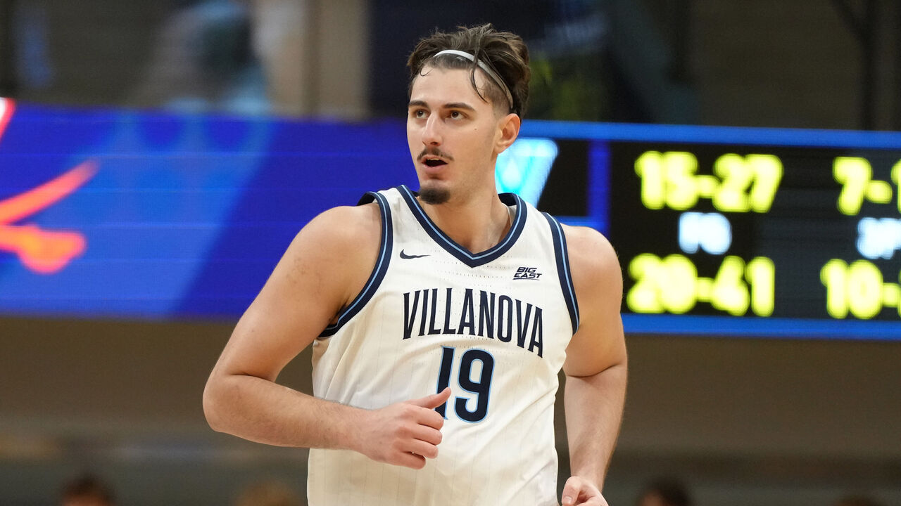 VILLANOVA, PENNSYLVANIA - OCTOBER 22: Luigi Suigo #19 of the Villanova Wildcats runs up court during a college basketball exhibition game against the Virginia Cavaliers at the Finneran Pavilion on October 22, 2026 in Villanova, Pennsylvania.