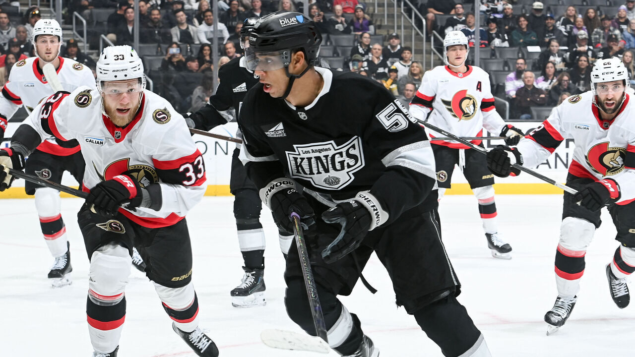 LOS ANGELES, CA - OCTOBER 29: Quinton Byfield #55 of the Los Angeles Kings skates on the ice with pressure from Ottawa Senators during the first period at Crypto.com Arena on October 29, 2026 in Los Angeles, California.