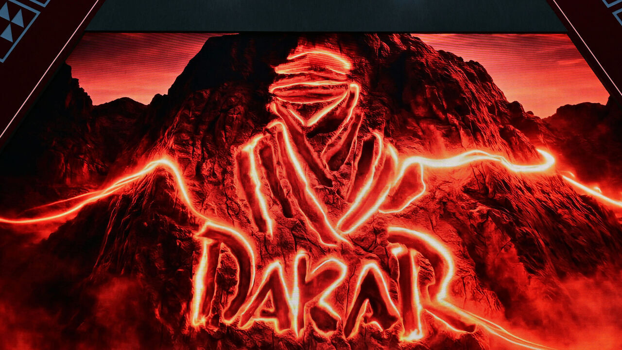 The Dakar logo is pictured during the 48th edition of the Dakar Rally 2026 in Yanbu, Saudi Arabia, on January 16, 2026.