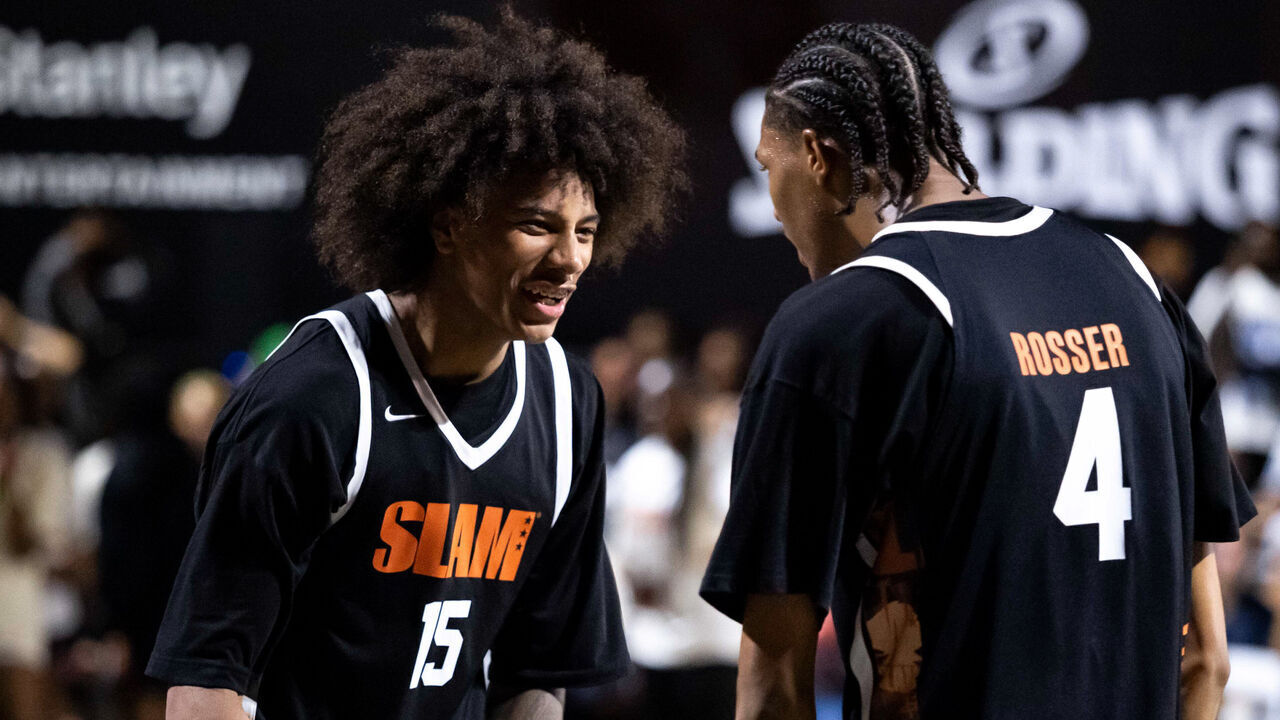 NEW YORK, NEW YORK - AUGUST 17: Class of 2027 high school basketball recruits Demarcus Henry #15 and CJ Rosser #4 celebrate during the SLAM Summer Classic at Rucker Park on August 17, 2026 in New York City.