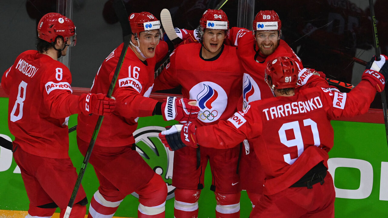 Russia's players react after the IIHF Men's Ice Hockey World Championships preliminary round group A match between Russia and Sweden, at the Olympic Sports Center in Riga, Latvia, on May 31, 2021.