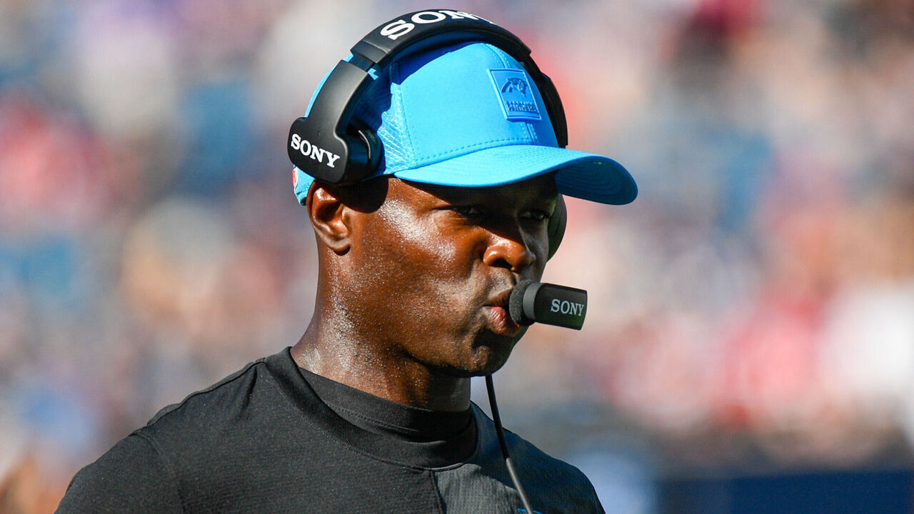 FOXBOROUGH, MA - SEPTEMBER 28: Carolina Panthers defensive coordinator Ejiro Evero looks on during the NFL game between the Carolina Panthers and the New England Patriots on September 28, 2025, at Gillette Stadium in Foxborough, MA.